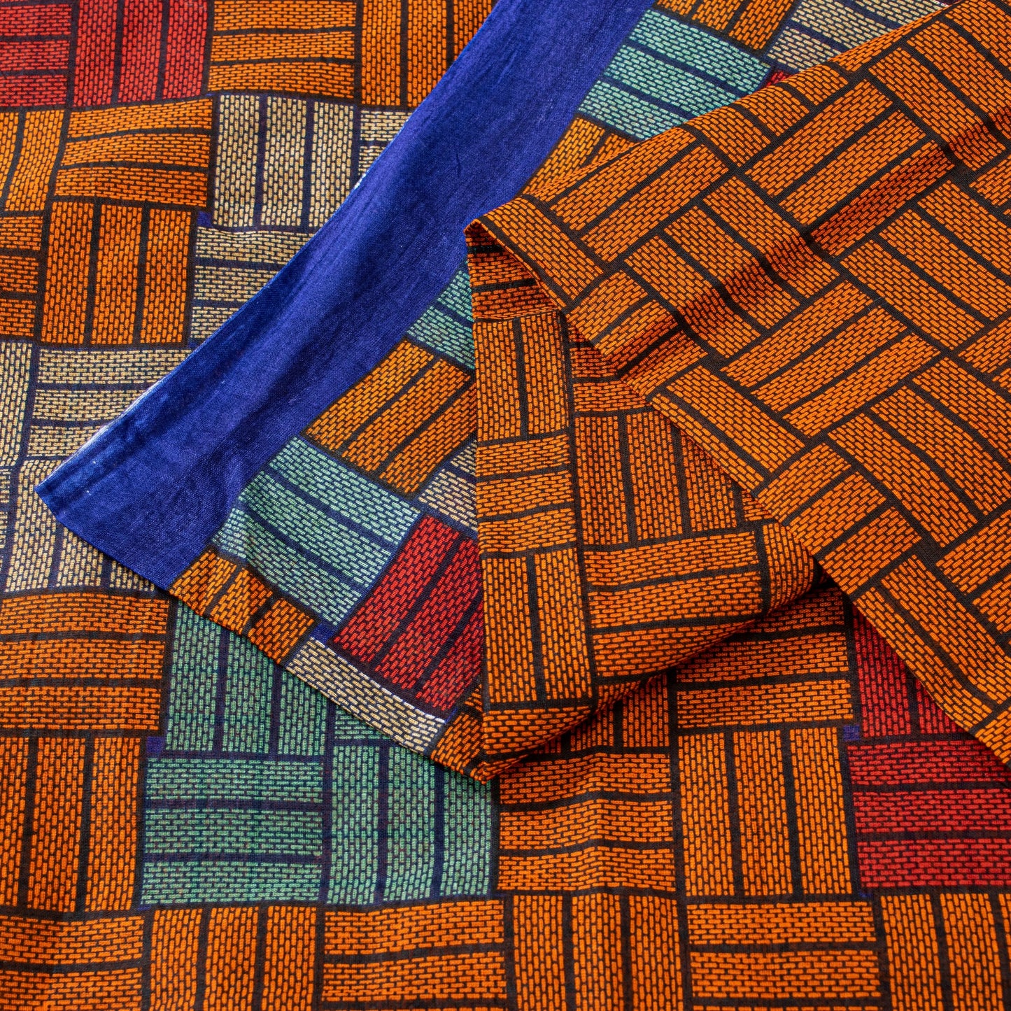 Sanskriti Vintage Sarees Orange Pure Cotton Geometric Print 5+YD Remnant Sari