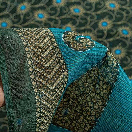 Sanskriti Vintage Sarees Green & Blue Pure Cotton Floral Print 5+YD Upcycle Sari