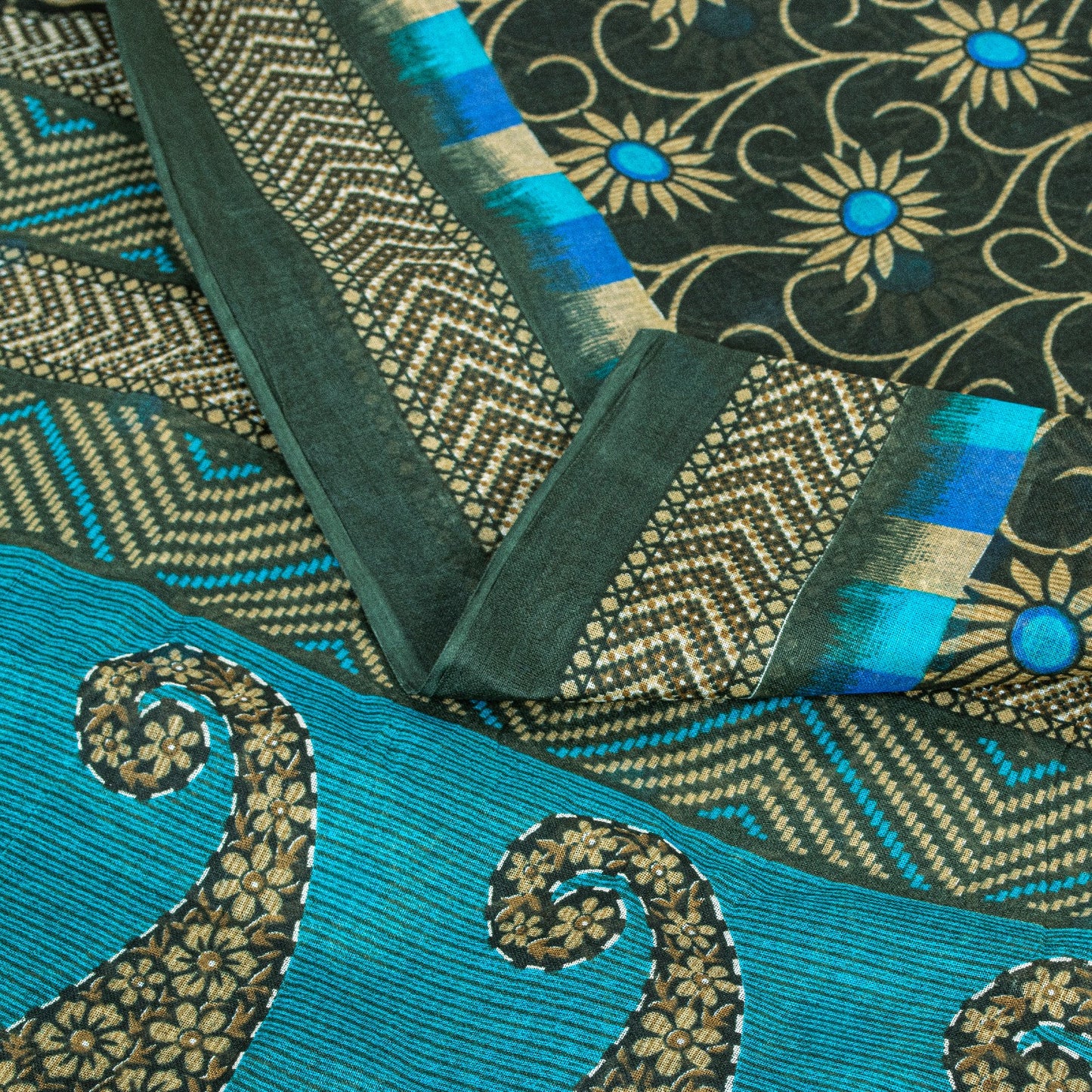 Sanskriti Vintage Sarees Green & Blue Pure Cotton Floral Print 5+YD Upcycle Sari