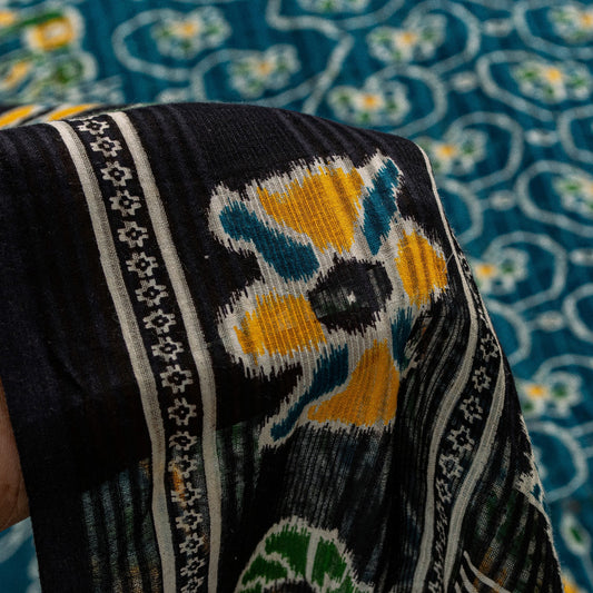 Sanskriti Vintage Sarees Blue Pure Cotton Floral Ikat Print 5+YD Sari