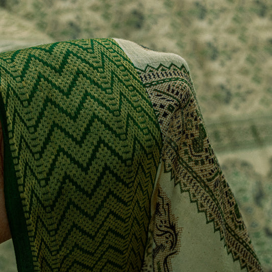 Sanskriti Vintage Sarees Cream & Green Pure Cotton Floral Print 5+YD Fabric Sari