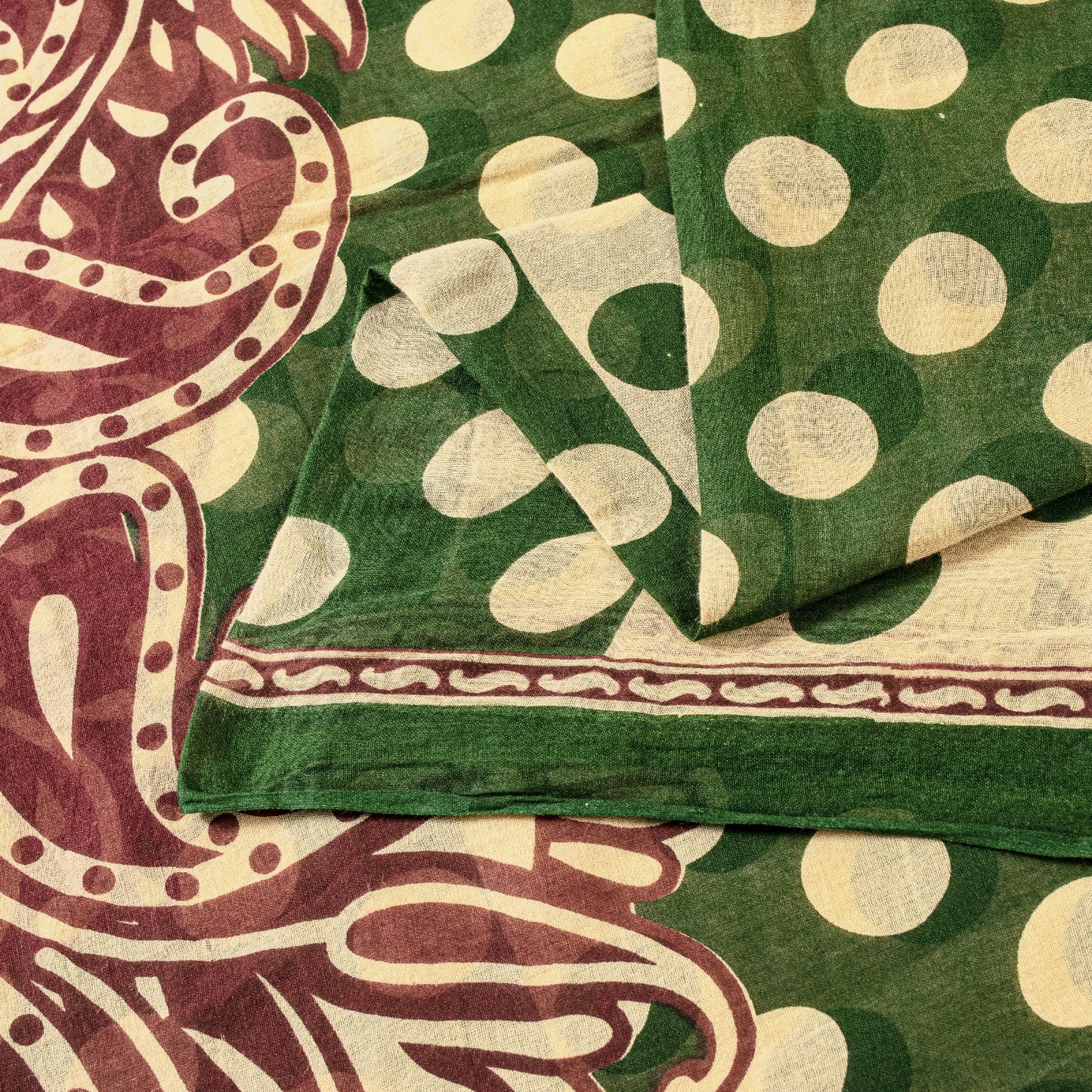 Sanskriti Vintage Sarees Green & Red Pure Cotton Paisley Print 5+YD Fabric Sari