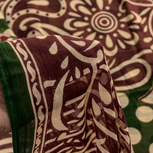 Sanskriti Vintage Sarees Green & Red Pure Cotton Paisley Print 5+YD Fabric Sari
