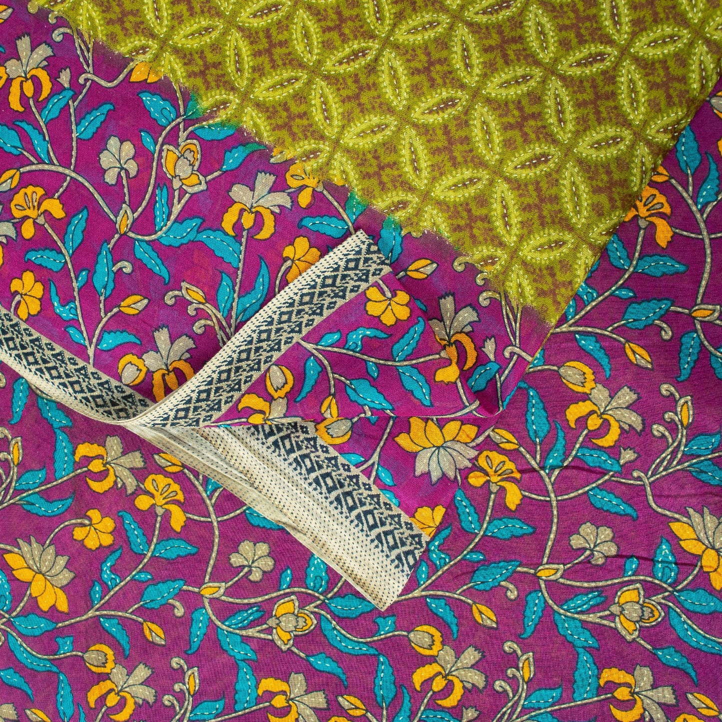 Sanskriti Vintage Sarees Green & Purple 100% Pure Cotton Floral Print 5+YD Sari