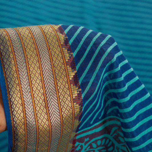 Sanskriti Vintage Sarees Blue Pure Cotton Block Printed Slating Lines 5+YD Sari