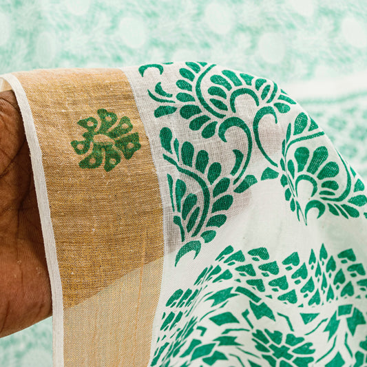 Sanskriti Vintage Green-White Pure Cotton Sarees 5.5+YD Fabric Hand Block Print