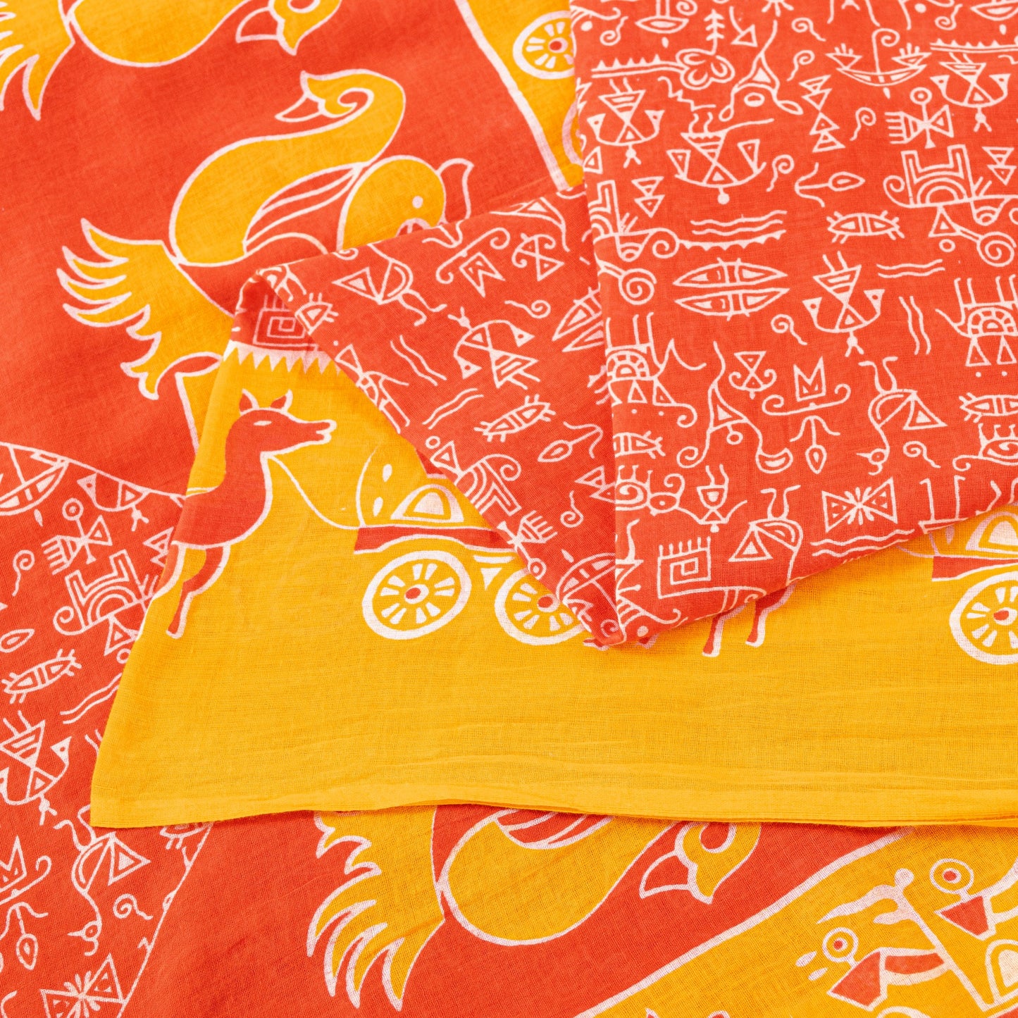 Sanskriti Vintage Orange-Yellow Pure Cotton Sarees 5+YD Fabric Warli Art Printed