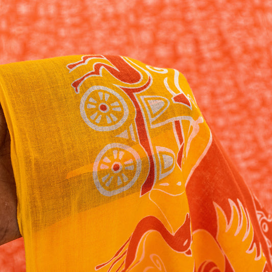Sanskriti Vintage Orange-Yellow Pure Cotton Sarees 5+YD Fabric Warli Art Printed