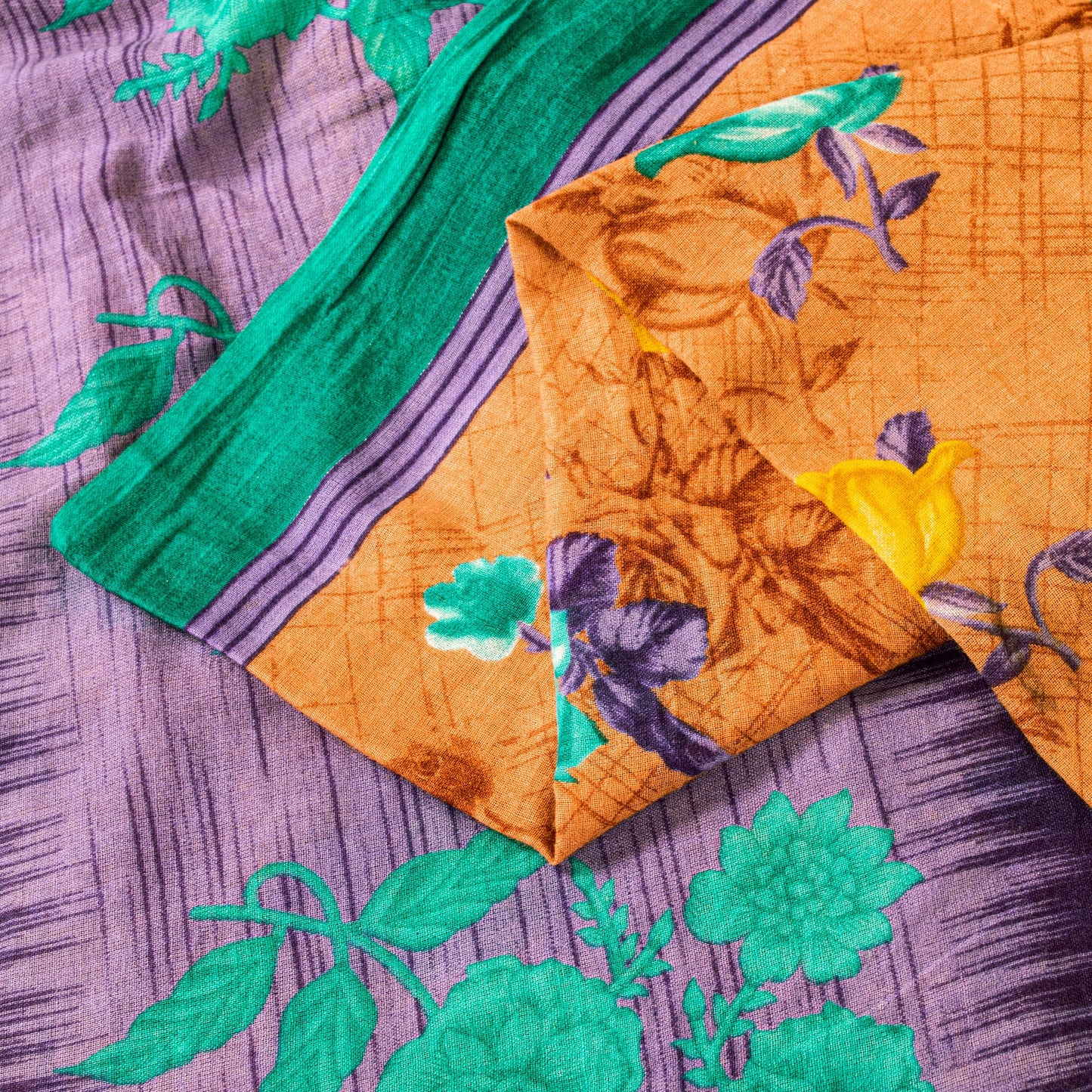 Sanskriti Vintage Orange-Purple Pure Cotton Sarees 5+YD Fabric Floral Print Sari