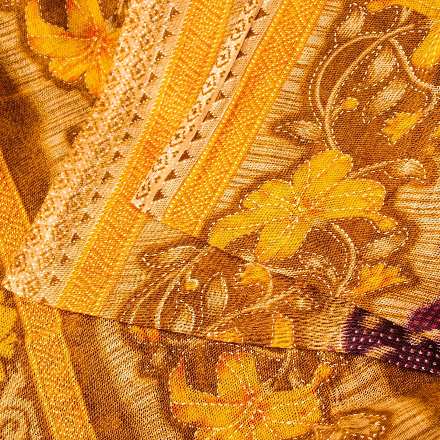 Sanskriti Vintage Red-Yellow Pure Cotton Sarees Kantha Ikat Printed 5+YD Fabric