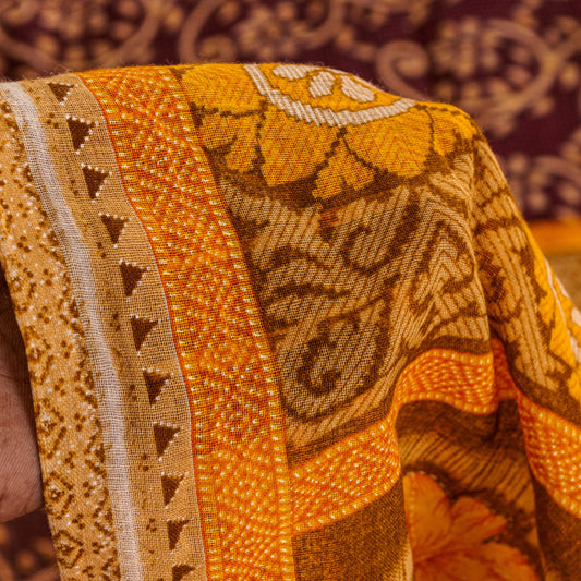 Sanskriti Vintage Red-Yellow Pure Cotton Sarees Kantha Ikat Printed 5+YD Fabric