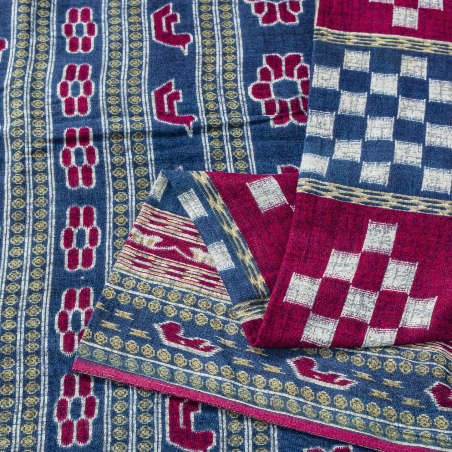 Sanskriti Vintage Saree Blue-Pink Pure Cotton Patan Patola Gujrat Print Sari 5YD