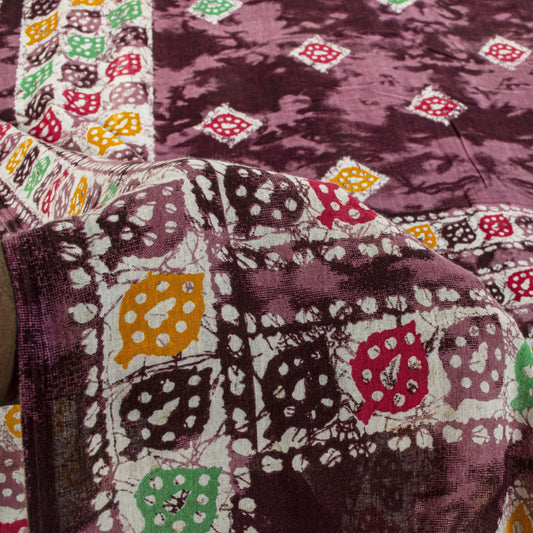 Sanskriti Vintage Saree Wine Soft Pure Cotton Abstract Batik Printed Sari 5+YD