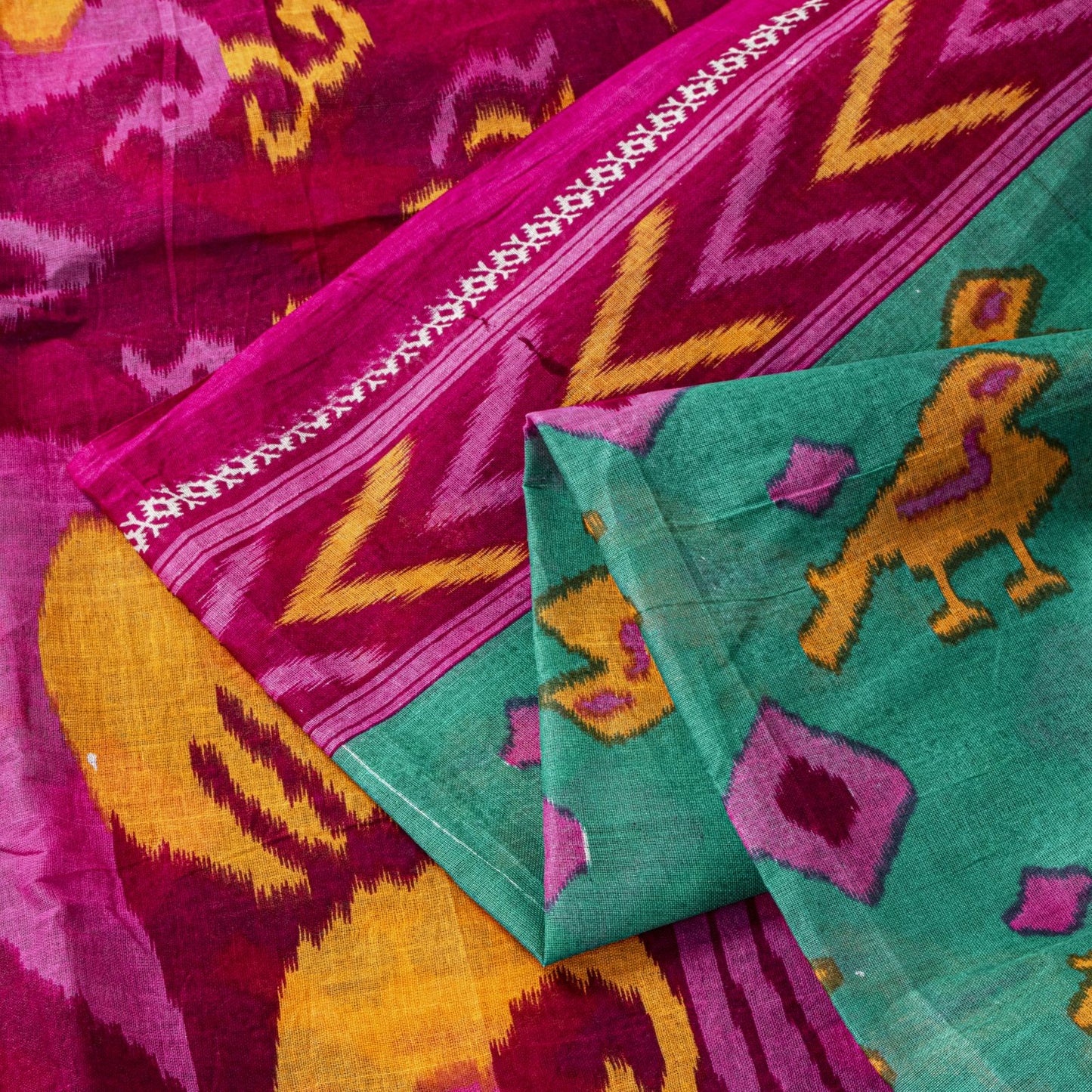Sanskriti Vintage Saree Green-Pink Pure Cotton Peacock Patola Printed Sari 5.5YD