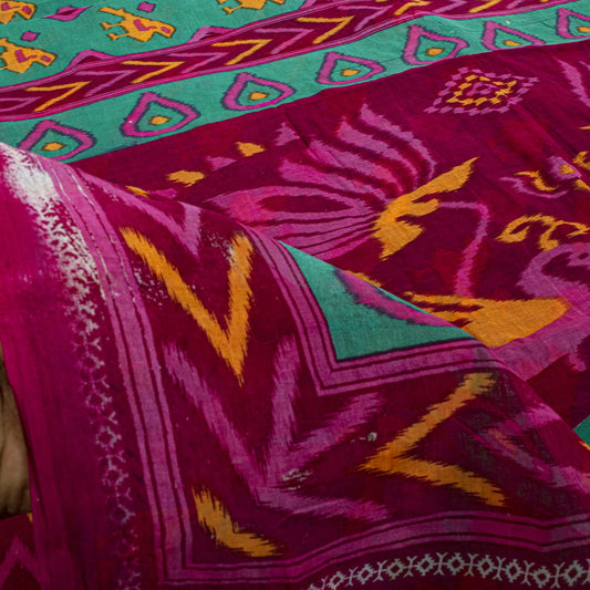 Sanskriti Vintage Saree Green-Pink Pure Cotton Peacock Patola Printed Sari 5.5YD