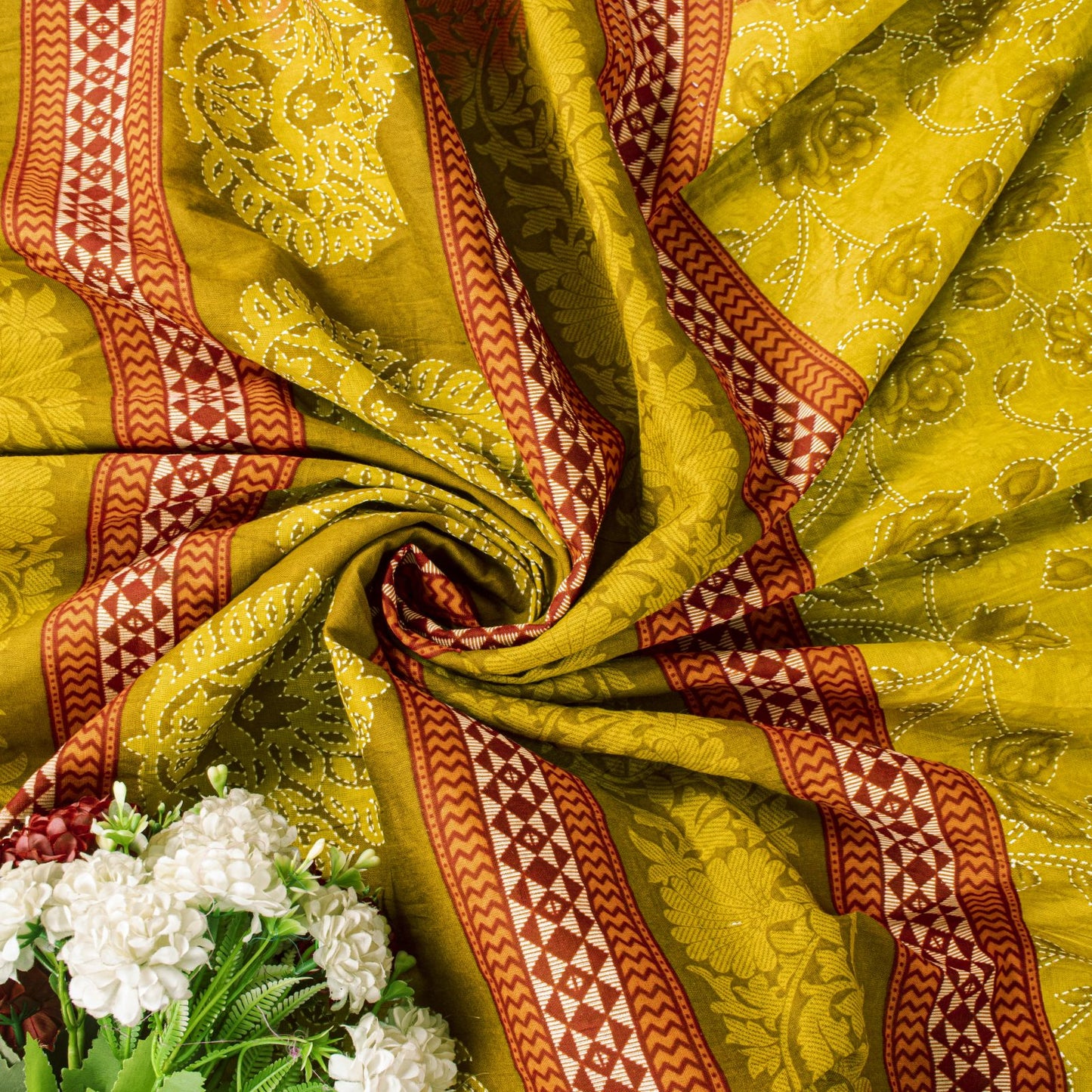Sanskriti Vintage Saree Yellow Pure Cotton Kantha Floral Print Sari 5.5YD Fabric