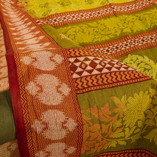 Sanskriti Vintage Saree Yellow Pure Cotton Kantha Floral Print Sari 5.5YD Fabric