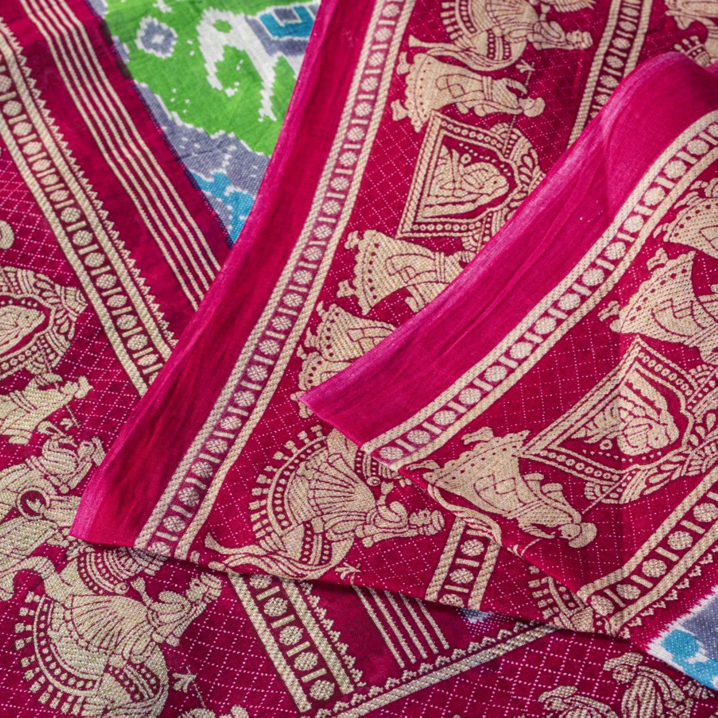 Sanskriti Vintage Saree Green Pure Cotton Ikat Printed Peacock Sari 5+YD Fabric
