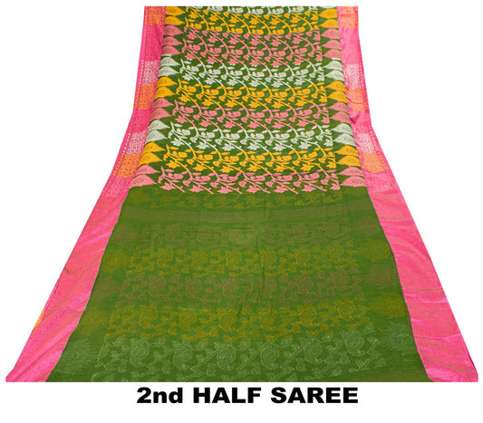 Sanskriti Vintage Saree Fabric Green Dhakai Jamdani Pure Cotton Woven Sari 5.5YD