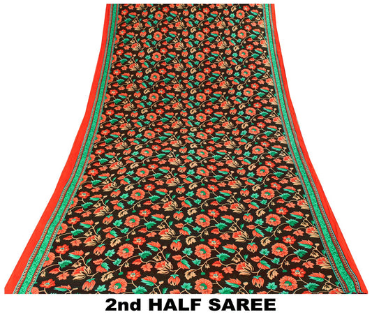 Sanskriti Vintage Saree Brown Pure Cotton Craft Fabric Kalamkari Print 5.5YDSari