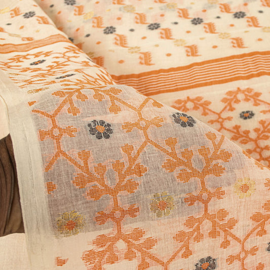Sanskriti Vintage Saree Brown 100% Pure Cotton Jamdani Woven Bengali 5.5+YD Sari