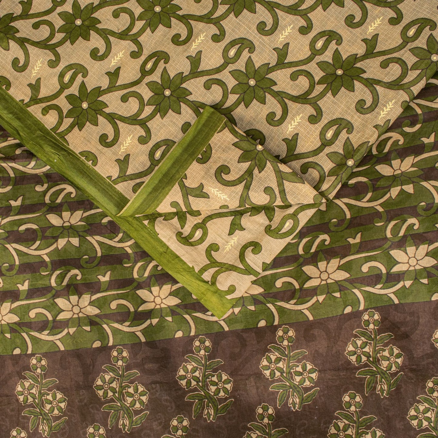 Sanskriti Vintage Saree Cream-Green Pure Cotton Fabric Traditional Print 6YDSari