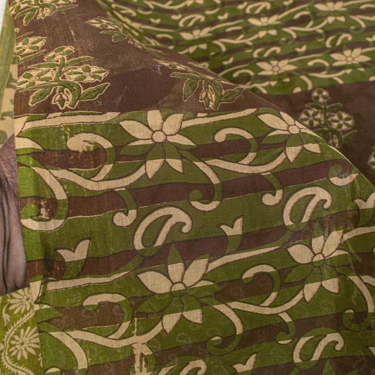 Sanskriti Vintage Saree Cream-Green Pure Cotton Fabric Traditional Print 6YDSari