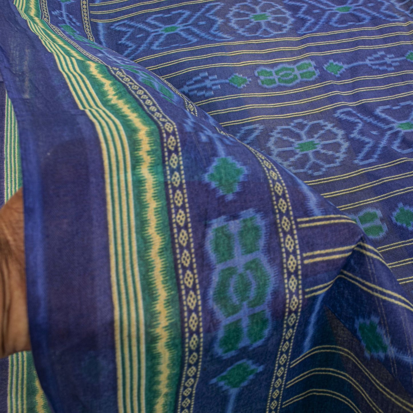 Sanskriti Vintage Saree Blue Pure Cotton Ikat Print Sambhalpuri Sari 5+YD Fabric
