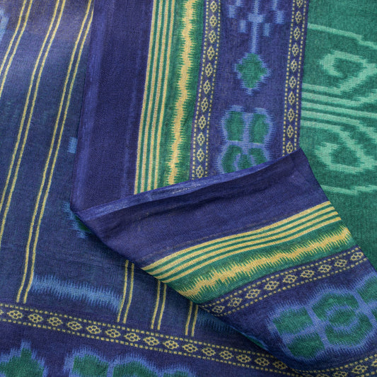 Sanskriti Vintage Saree Blue Pure Cotton Ikat Print Sambhalpuri Sari 5+YD Fabric
