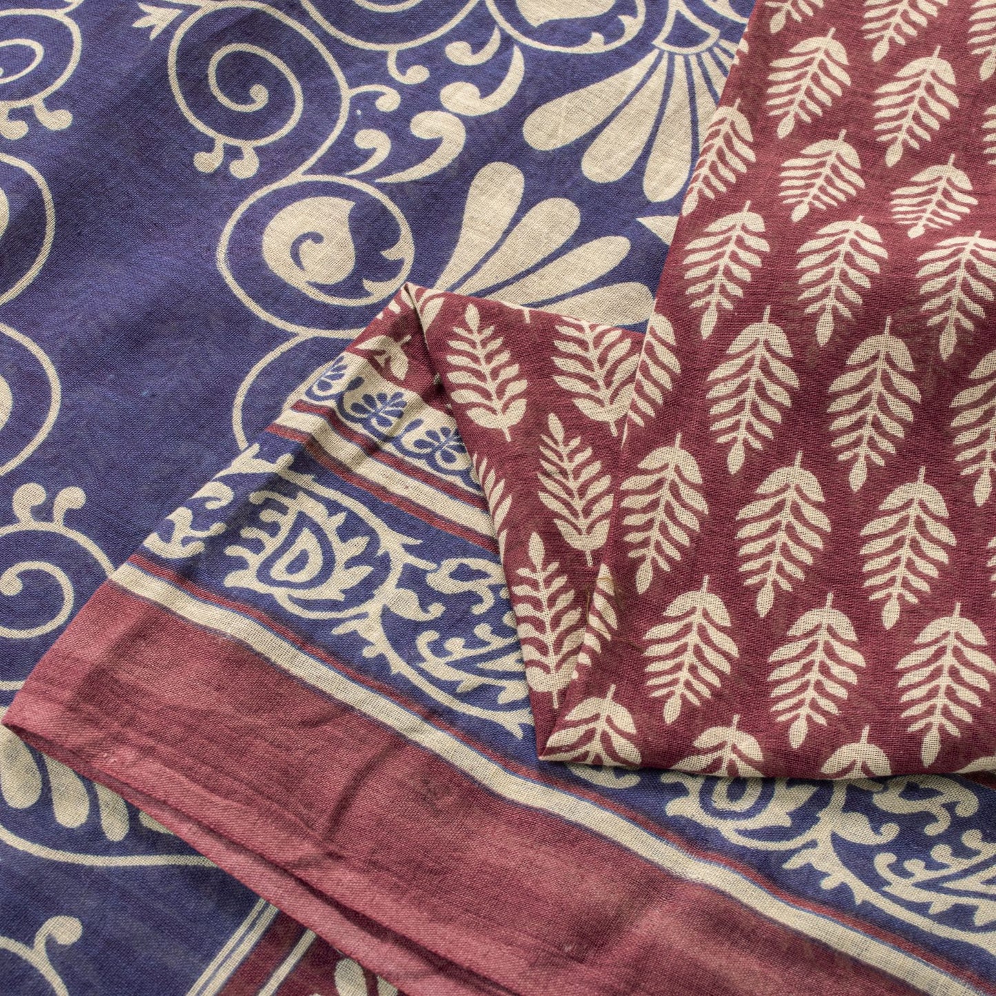 Sanskriti Vintage Saree Wine-Blue 100% Pure Cotton Block Print Sari Craft Fabric