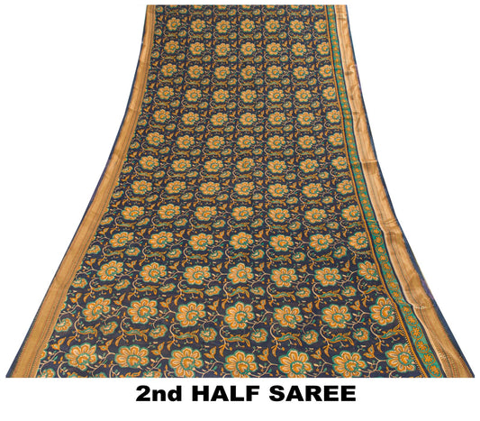 Sanskriti Vintage Saree Blue Pure Cotton Kalamkari Print Sari 5+YD Craft Fabric