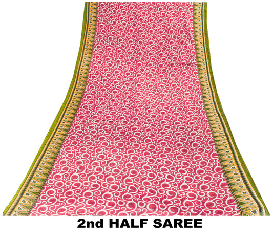 Sanskriti Vintage Saree Pink Pure Cotton Spiral Printed Sari 5+YD Craft Fabric