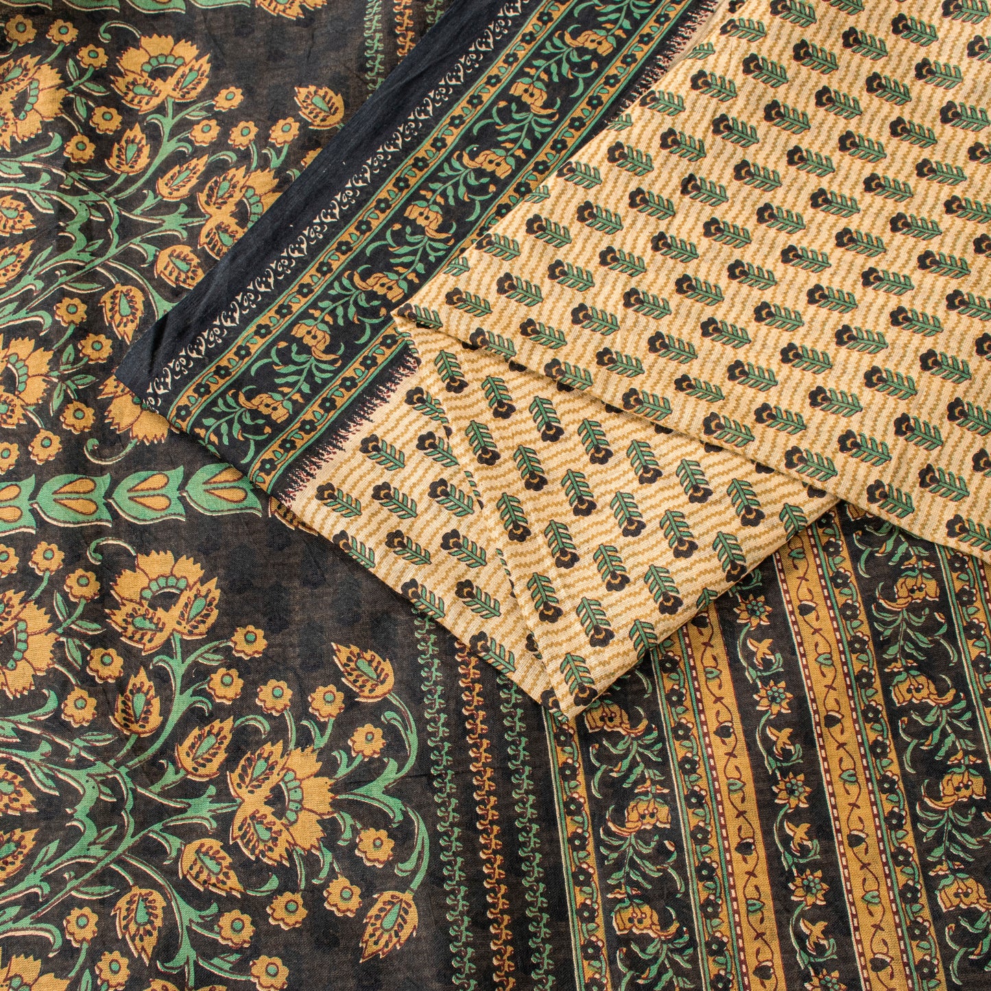 Sanskriti Vintage Saree Cream Pure Cotton Kalamkari Floral Print Sari 5YD Fabric