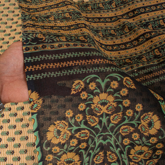 Sanskriti Vintage Saree Cream Pure Cotton Kalamkari Floral Print Sari 5YD Fabric