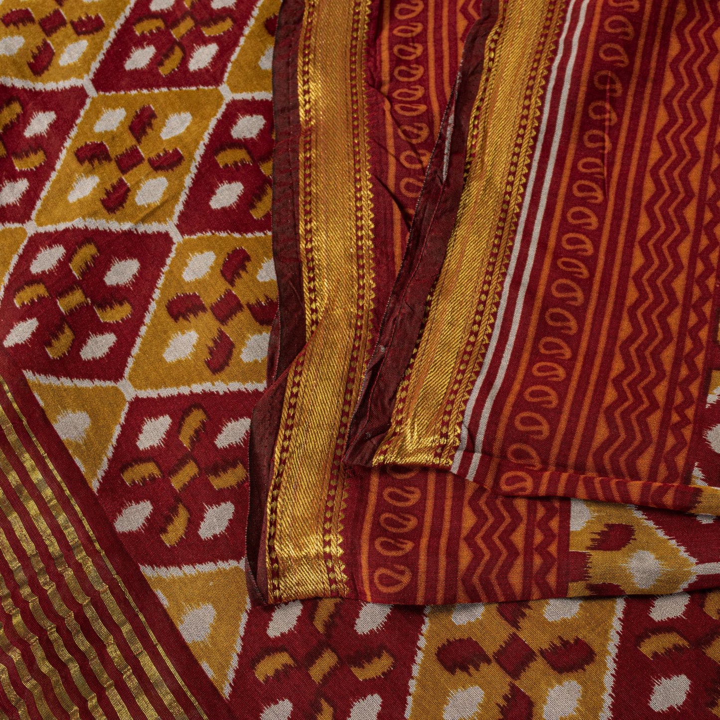 Sanskriti Vintage Saree Red Blend Cotton Geometric Ikat Print-Woven Sari Fabric