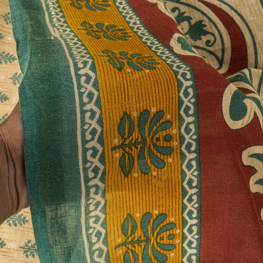 Sanskriti Vintage Saree Cream Pure Cotton Block Printed Sari 5.5+YD Craft Fabric