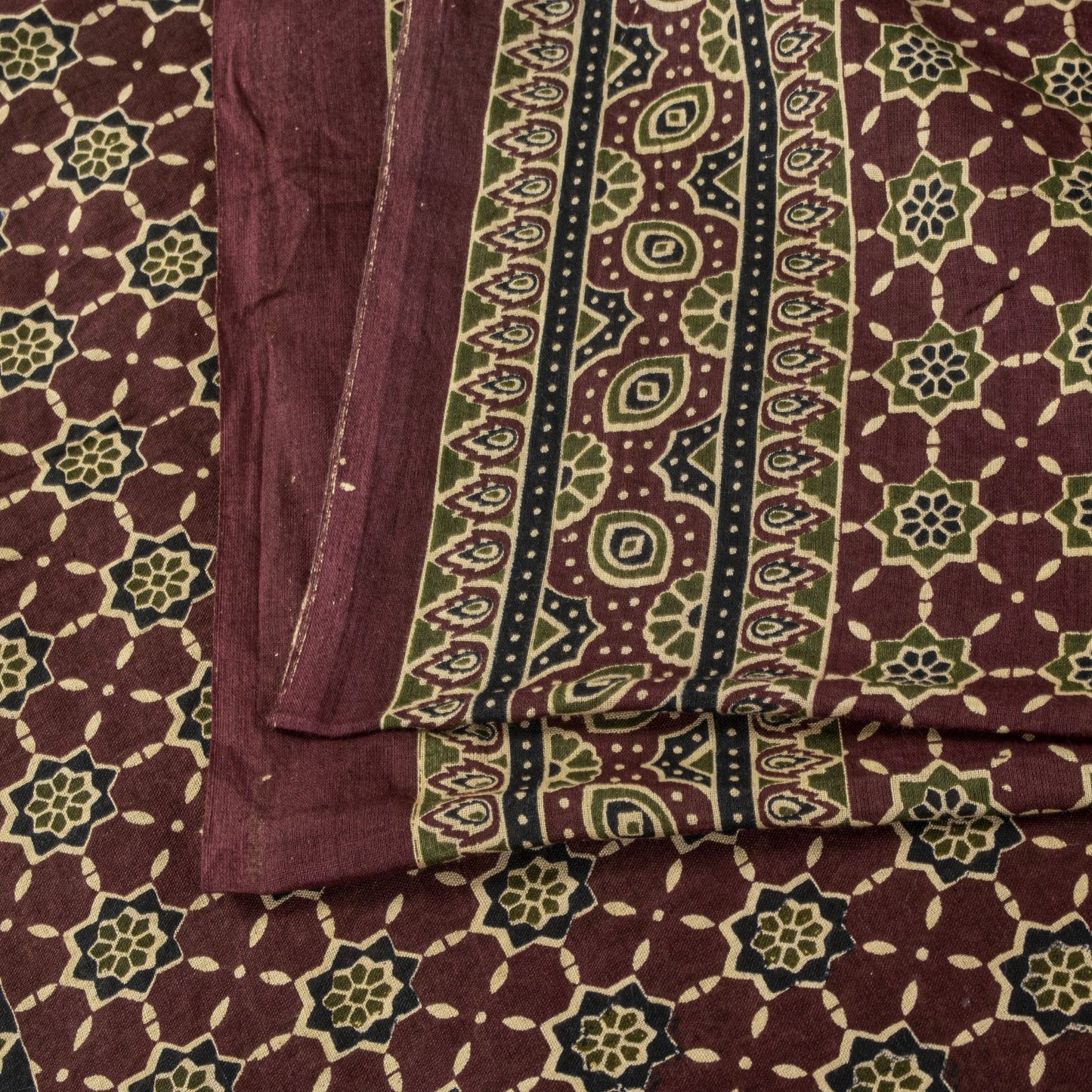 Sanskriti Vintage Saree Brown Pure Cotton Ajrakh Printed Sari 5.5YD Craft Fabric