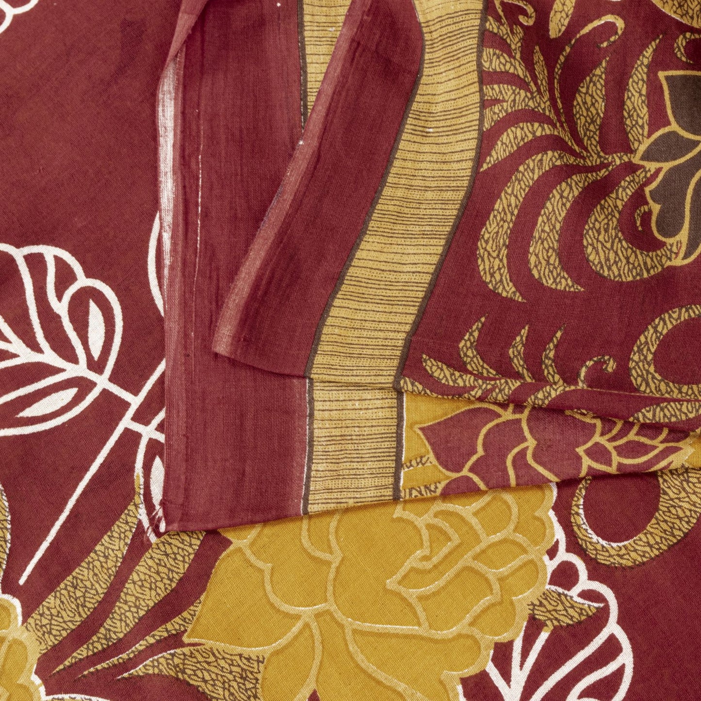 Sanskriti Vintage Saree Yellow-Wine Pure Cotton Floral Printed Sari 5+YD Fabric