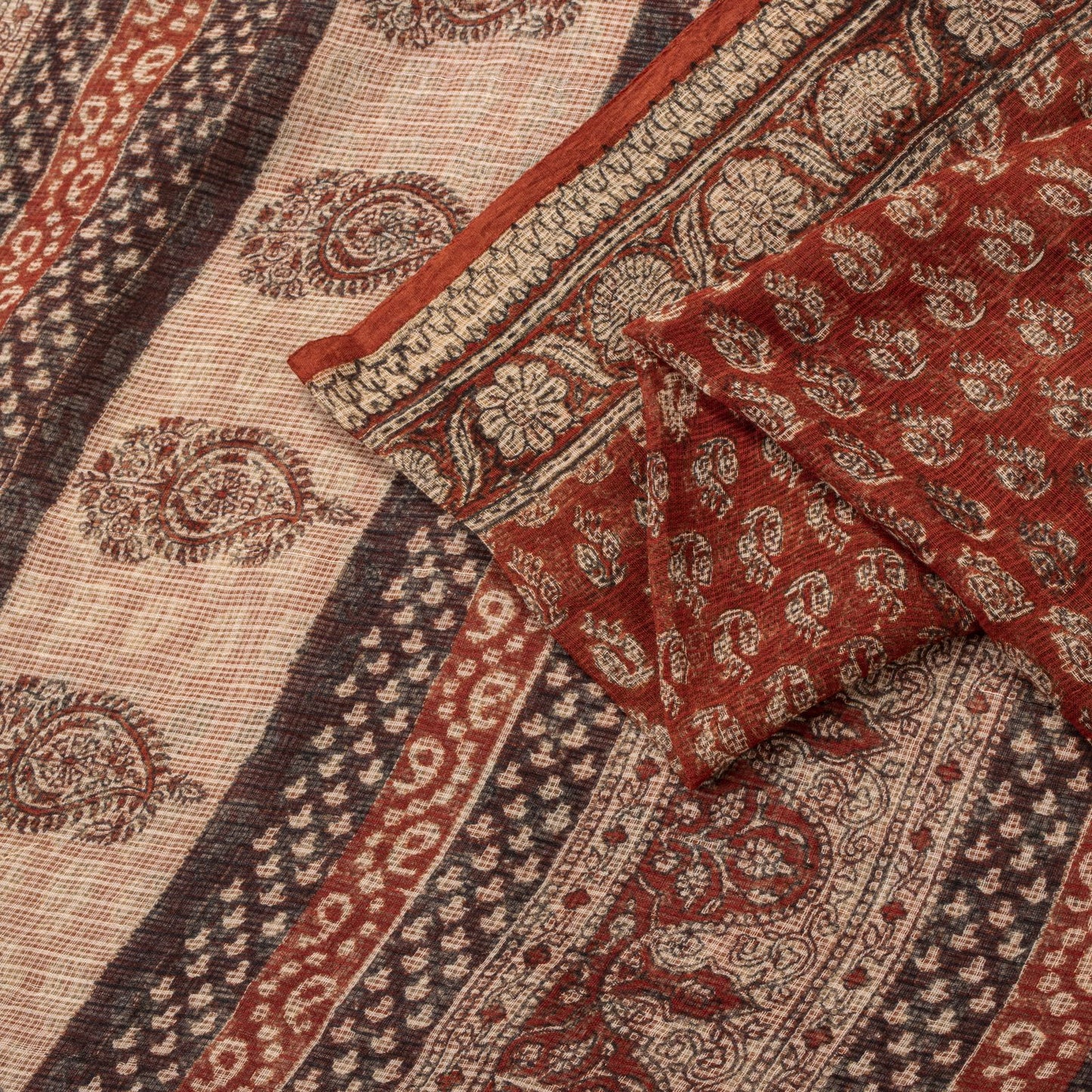 Sanskriti Vintage Kota Saree Brown Pure Cotton Hand Block Print Sari 5.5+Fabric