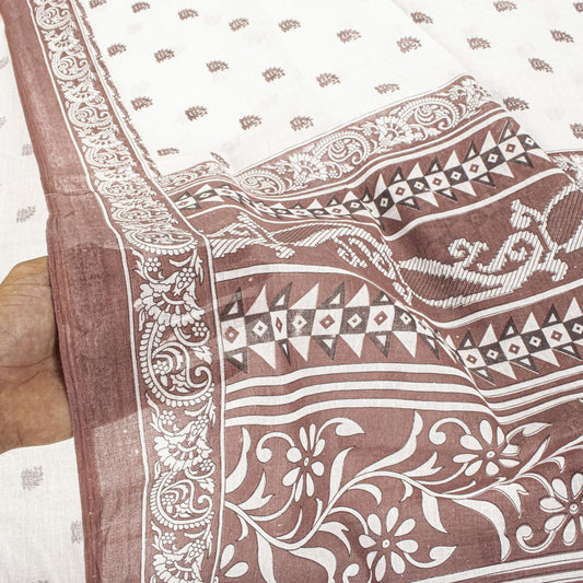 Sanskriti Vintage Saree White Pure Cotton Sanganeri Block Print Sari 5+YD Fabric