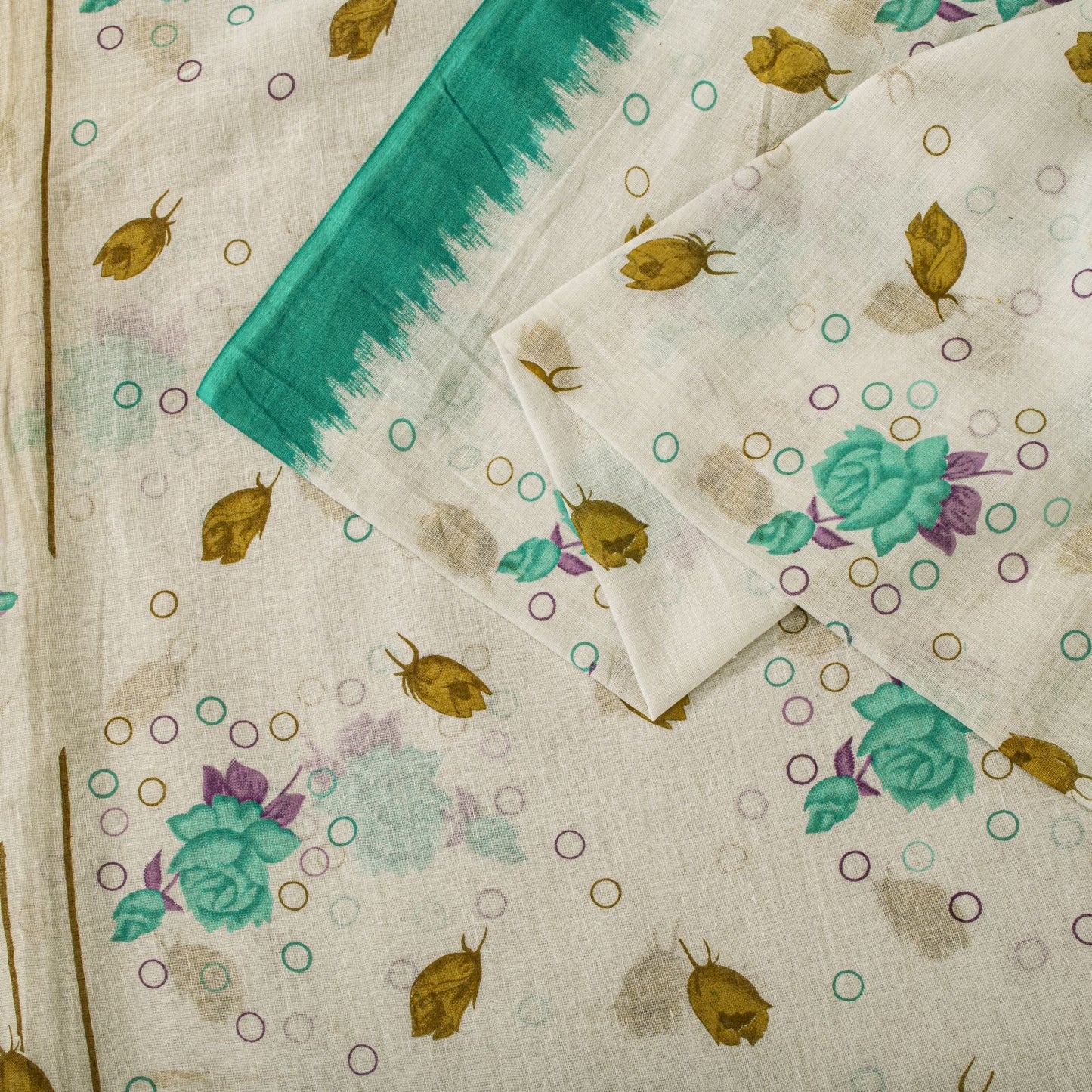 Sanskriti Vintage Saree White-Green Pure Cotton Digital Printed Sari 5+YD Fabric