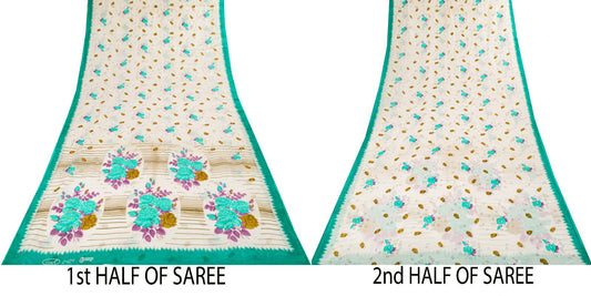 Sanskriti Vintage Saree White-Green Pure Cotton Digital Printed Sari 5+YD Fabric