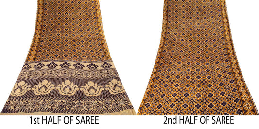 Sanskriti Vintage Saree Yellow Pure Cotton Patola Ikat Print Sari 5.5+YD Fabric
