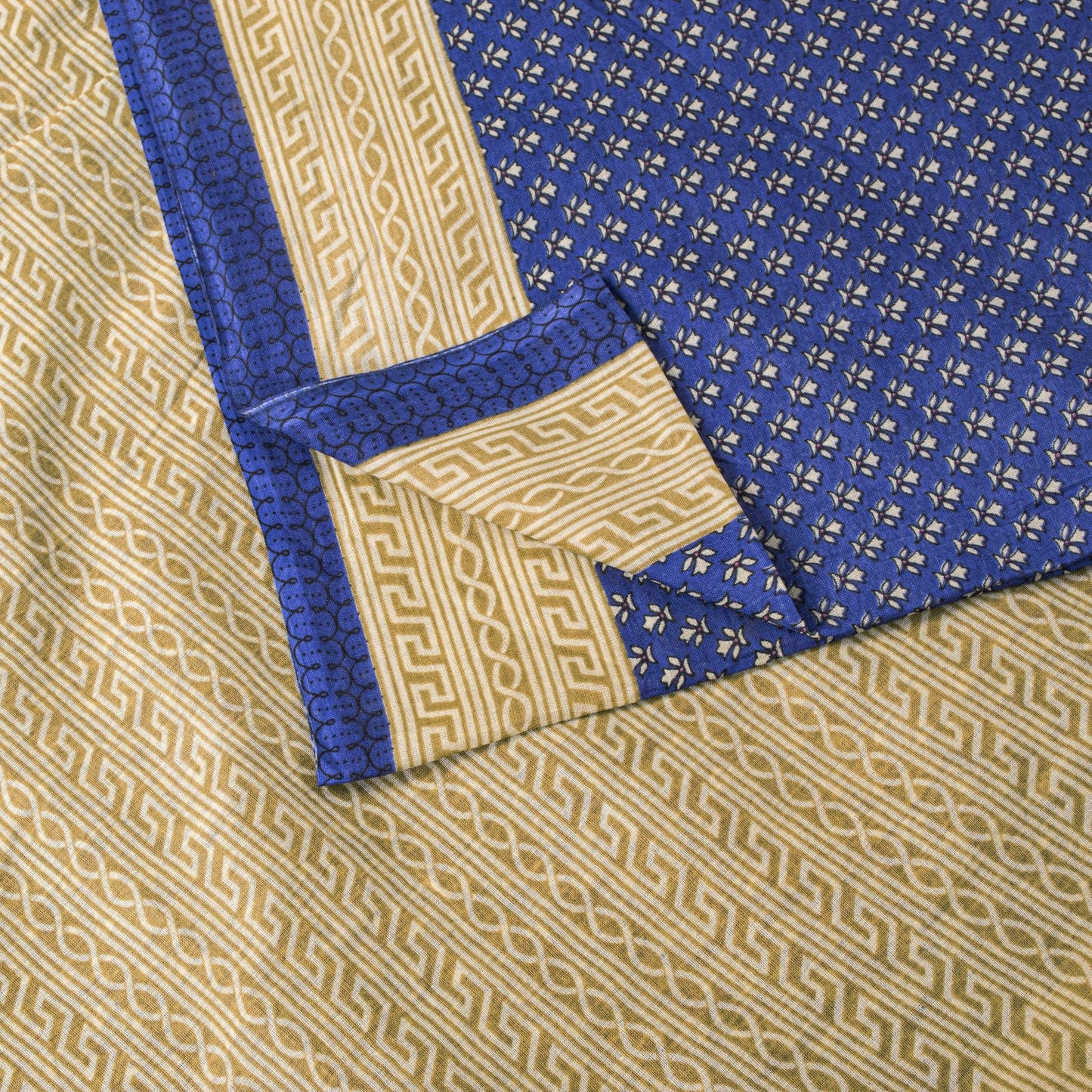 Sanskriti Vintage Saree Blue Pure Cotton Floral Printed Sari 5+YD Craft Fabric