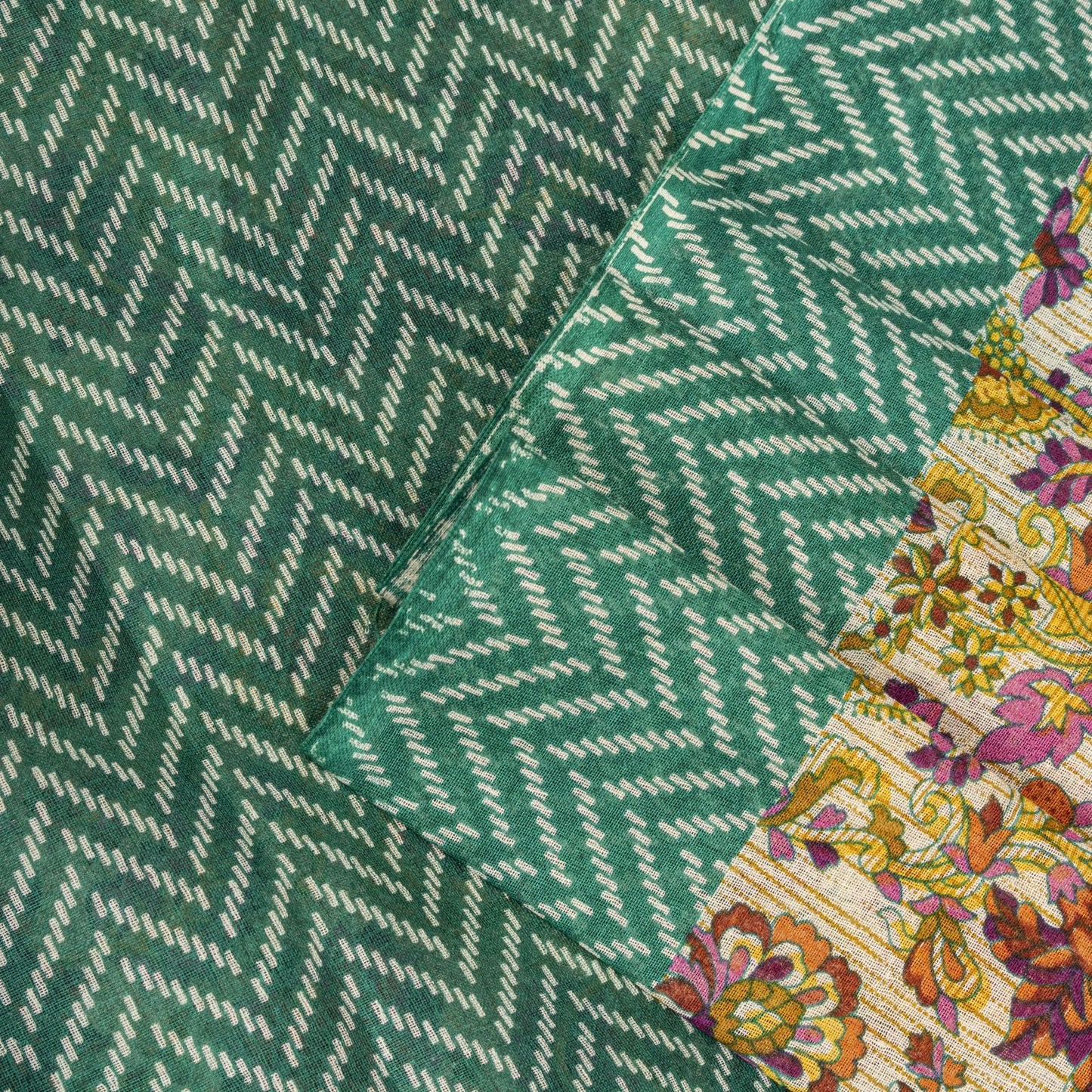 Sanskriti Vintage Saree Beige-Green Pure Cotton Floral Print Sari 5.5+Yard Craft