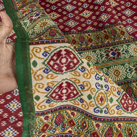 Sanskriti Vintage Saree Red Pure Cotton Patan Patola Gujrat Ikat Print Sari 5+YD