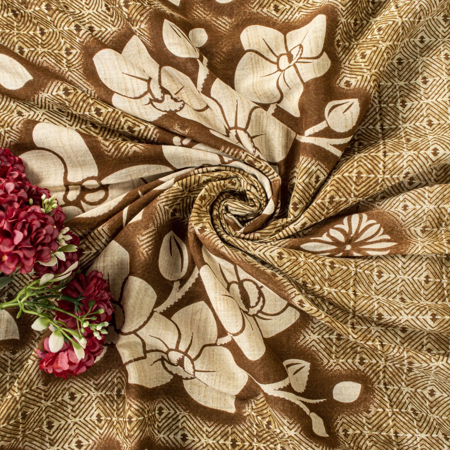 Sanskriti Vintage Saree Brown Soft 100%Pure Cotton Floral Print Sari 5+YD Fabric