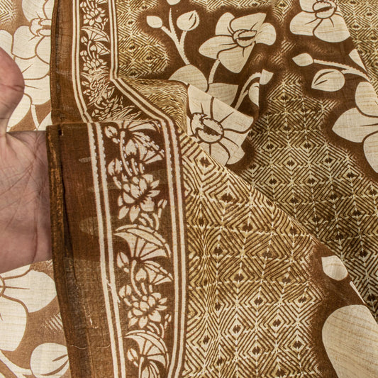 Sanskriti Vintage Saree Brown Soft 100%Pure Cotton Floral Print Sari 5+YD Fabric