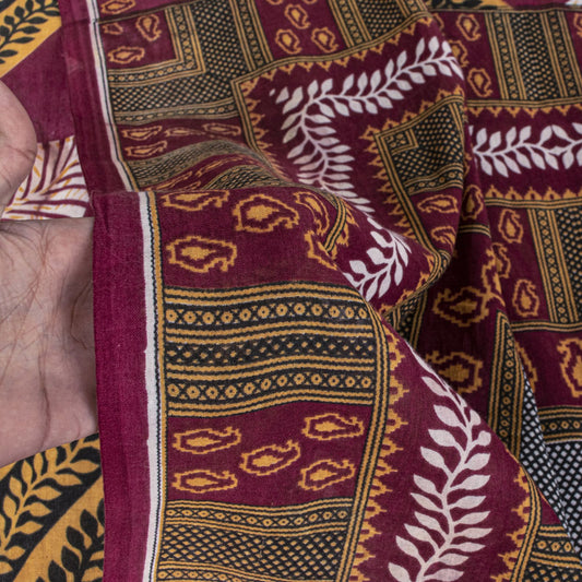 Sanskriti Vintage Dark Red Soft Pure Cotton Saree Leaf Printed Sari 5+YD Fabric