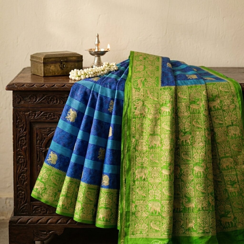 Vintage Saree Blue-Green 100% Pure Cotton Animal Printed Craft Fabric 5.5+Yard Sari